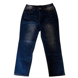 Dark Wash Straight Leg Stretch Denim Jeans Women Size Large Blue Fade Whiskering